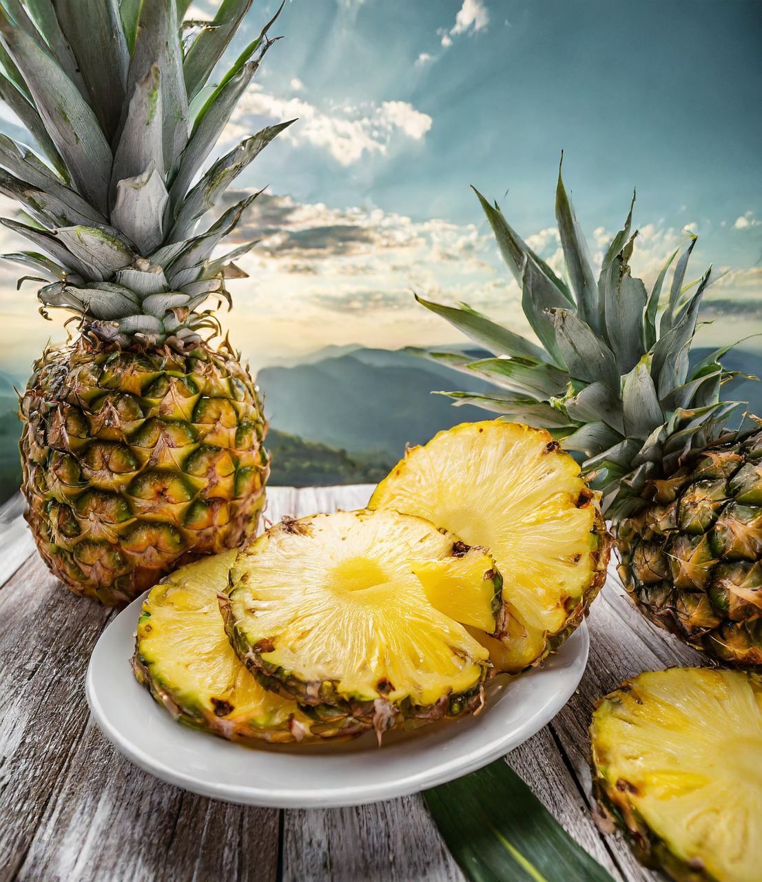 Sliced pineapple on a chopping board, ready to eat